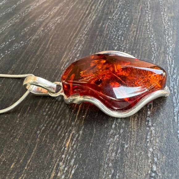 Vintage Genuine Cognac Baltic Amber Pendant, Sterling Silver Frame 18in Necklace - Picture 8 of 14